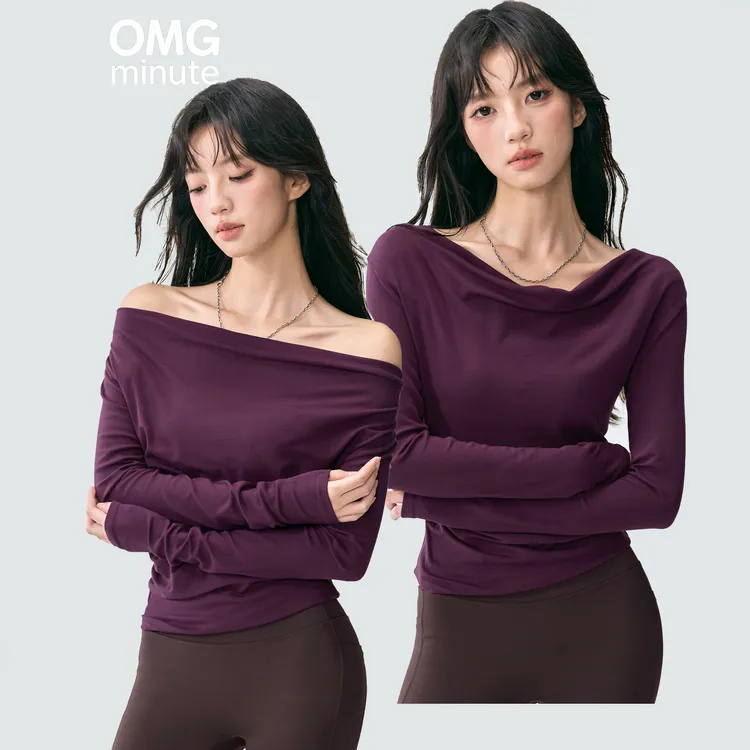 云端贝壳法式纯欲运动长袖女性感一字肩瑜伽T恤新款健身上衣外穿