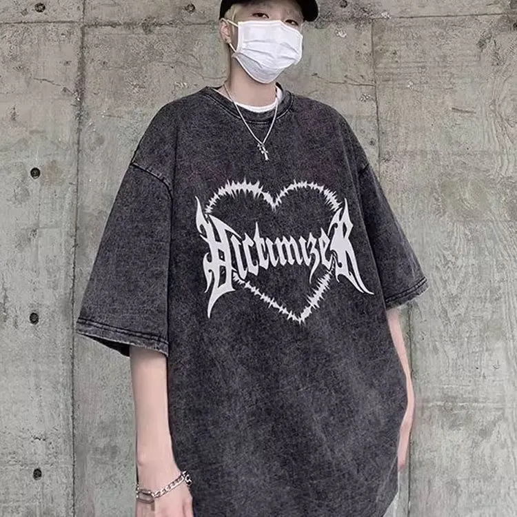 潮牌美式复古港风短袖t恤水洗做旧大码宽松百搭街头半袖印花情侣