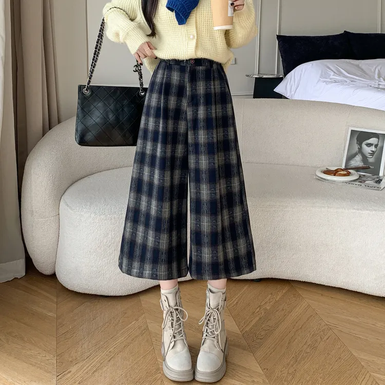 秋冬格子毛呢休闲裤女高腰呢子八分裤显瘦阔腿裤时尚百搭休闲靴裤
