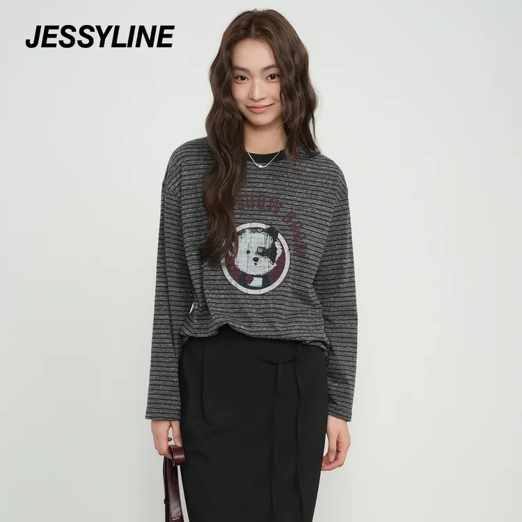 jessyline 2025秋季新款 杰茜莱条纹上衣针织衫通勤宅萌系圆领T恤
