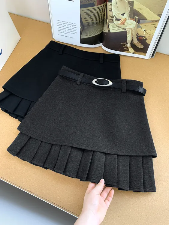 百褶边高腰a字毛呢短裙女2025秋冬新品百搭显瘦通勤百褶半身裙子
