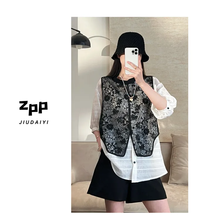 玖黛衣现货【时装周】新款夏季蕾丝拼接假两件百搭宽松衬衫CYP40478