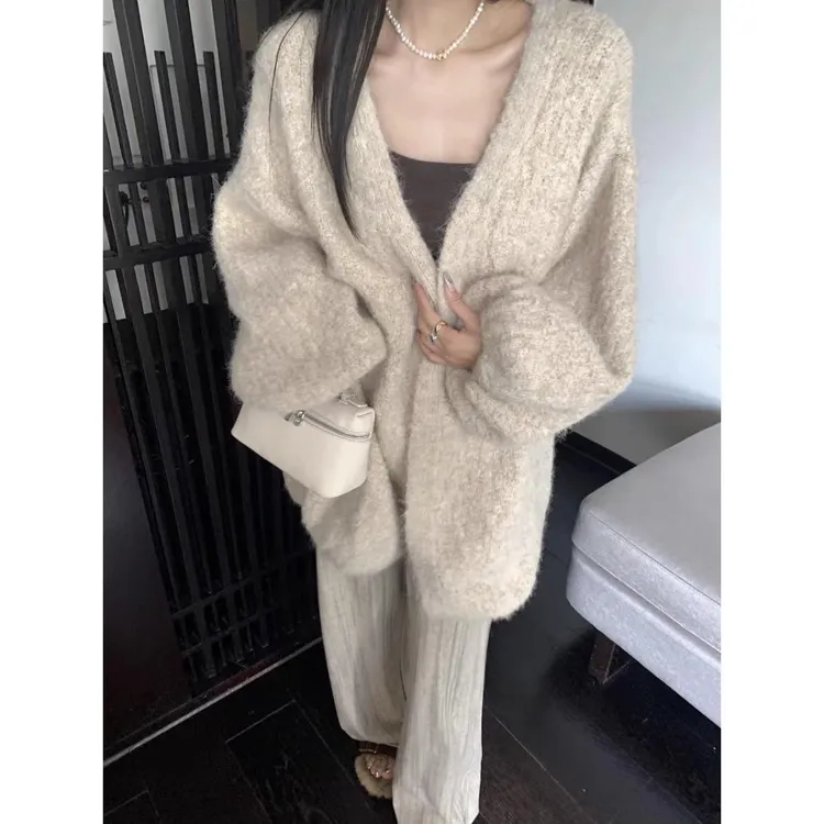 韩系慵懒风软糯毛衣外套女2025秋冬宽松大版加厚洋气针织开衫外搭
