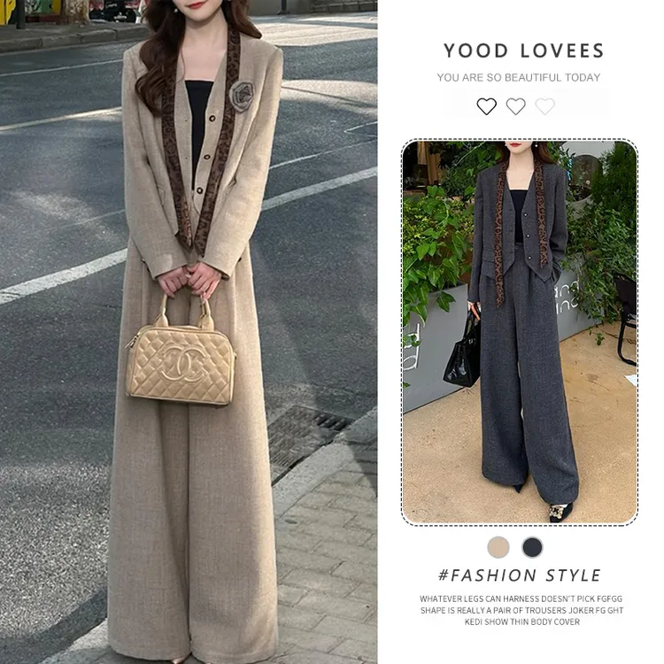 时尚套装女2025春秋新款洋气显瘦西装外套背心领带阔腿裤四件套潮