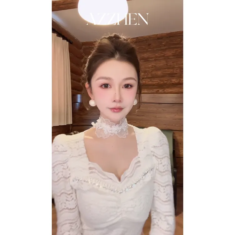 AZZHEN【浪漫情调】蕾丝打底秋冬加绒搭配重工丝绒针织打底