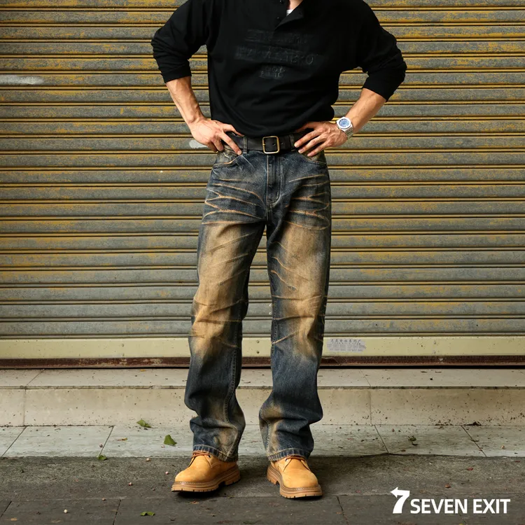7SEVENEXIT-小众设计【7号出口】重工黄泥水洗复古宽松猫须男牛仔裤