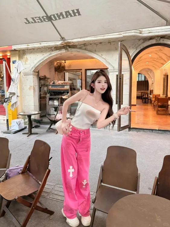 夏季新款小香风高级感辣妹字母印花抹胸背心配刺绣牛仔裤两件套女