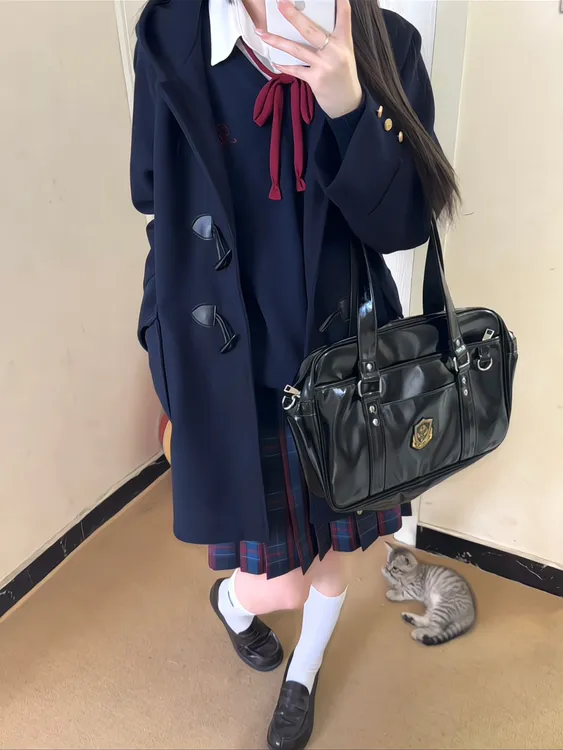 葵子jk毛呢外套保暖秋冬大衣连帽牛角扣夹棉大衣中长款绀色