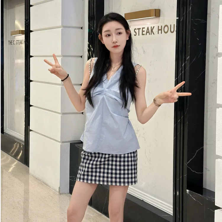 OUDOCKEE 鸥鸥【格子】蓝格半身裙气质短款韩版甜美 B2502X393T