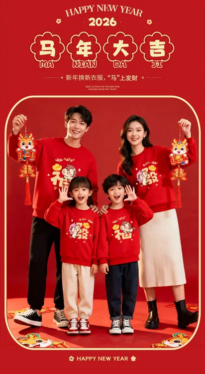 马年元旦春节喜庆纯棉卫衣亲子装一家三口四口拜年服本命年全家福