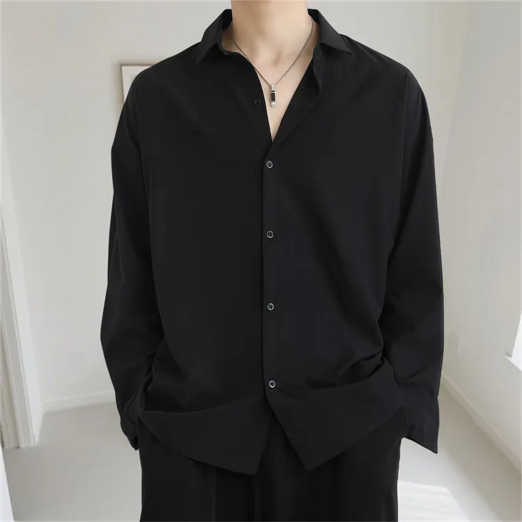 衬衫长袖休闲百搭痞帅宽松夏秋季黑色小众帅气纯色垂感免烫衬衣