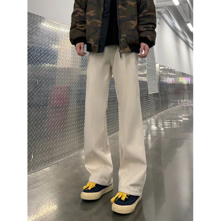 米白色斜切弯刀裤子男冬季加绒cleanfit微喇裤子显高显瘦休闲长裤