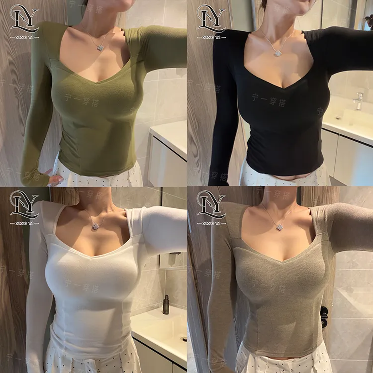 NY7130早春性感方领露锁骨长袖T恤上衣辣妹修身带胸垫内搭打底衫