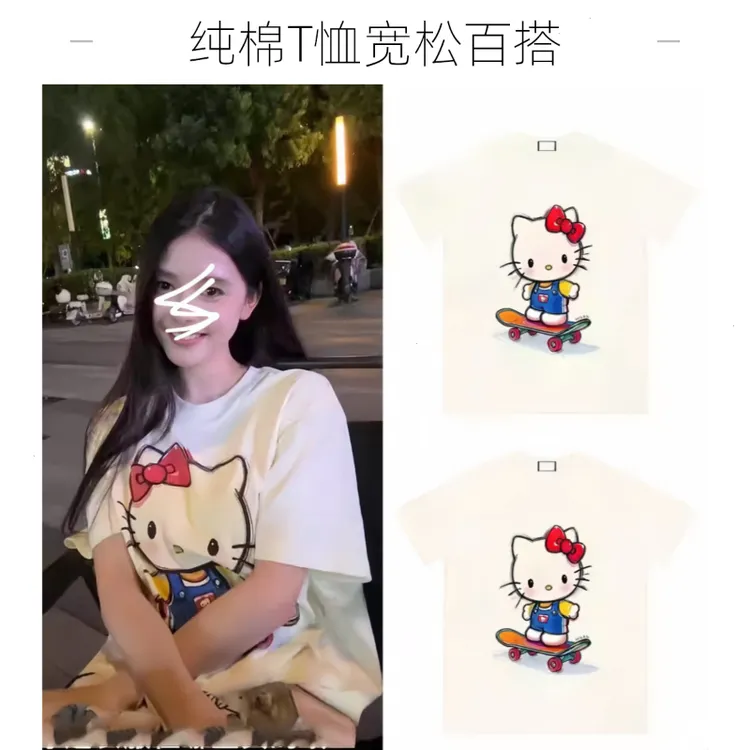 日系凯蒂猫印花半袖体恤上衣服港风潮牌纯棉短袖T恤衫女Kitty情侣