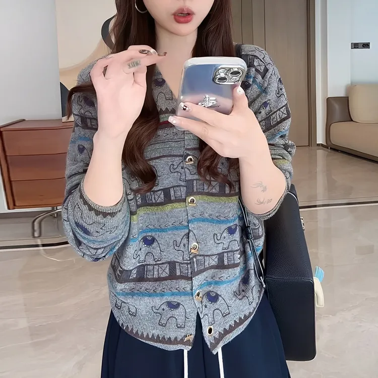 2025春秋季新款女士法式复古拼接毛针织开衫宽松上衣慵懒风外套潮