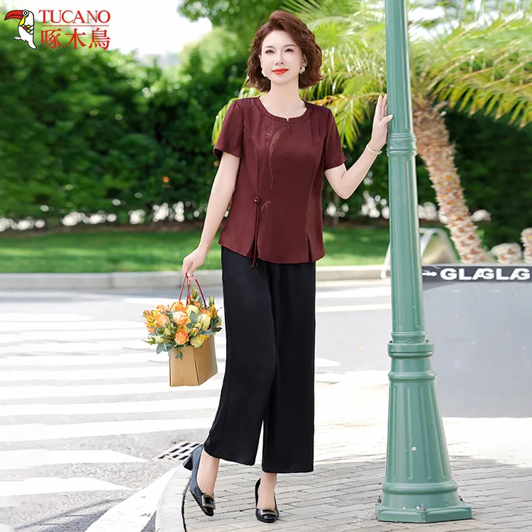 啄木鸟洋气妈妈夏装时尚套装2025新款中年女士圆领上衣夏季两件套