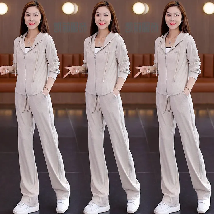 时尚运动套装女2025秋季新款洋气减龄连帽开衫上衣阔腿裤两件套