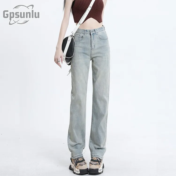 gpsunlu美式黄泥浅色高街窄版直筒牛仔裤女新款高腰显瘦弹力裤子