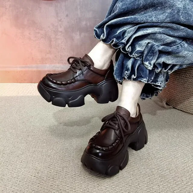 高端手工真皮女鞋2025春季新款复古厚底粗跟圆头单鞋系带松糕百搭