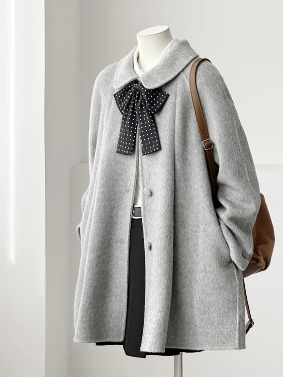 【静谧爱恋】时尚气质秋冬高级感翻领灰色呢子大衣外套减龄双面呢