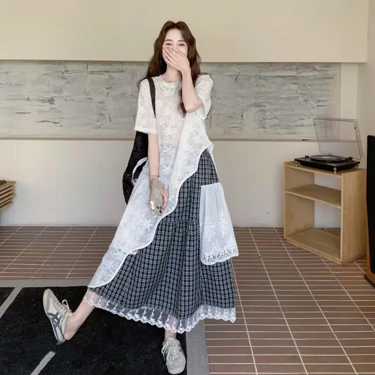 YH新款穿搭法式大码不规则蕾丝连衣裙叠穿遮肚藏肉套装裙女装1872