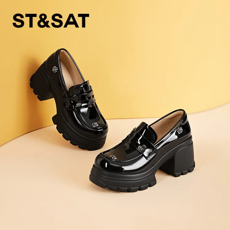 星期六黑色乐福鞋女款2025新款爆款英伦风高跟小皮鞋厚底百搭单鞋