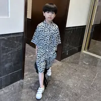 男童夏季休闲风豹纹套装2025新款中大童帅气薄款短袖短裤两件套潮