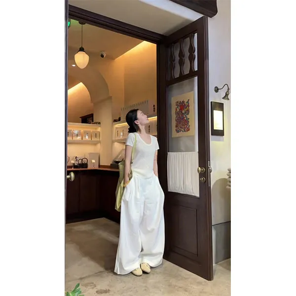 2025韩系夏季新款纯色百搭短袖T恤外套休闲白色长裤三件套装