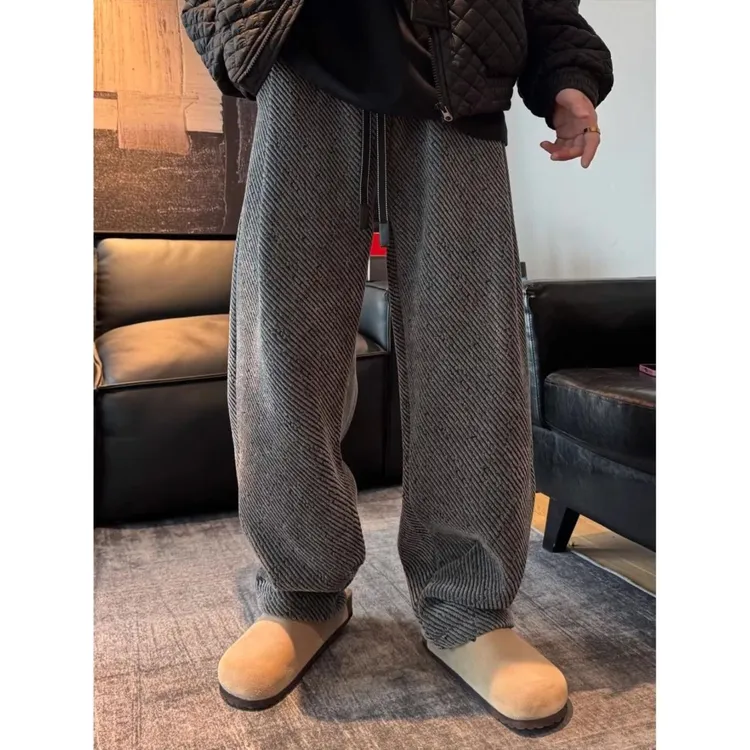 春季慵懒风斜条纹情侣阔腿休闲裤男潮牌宽松显瘦垂感拖地直筒长裤