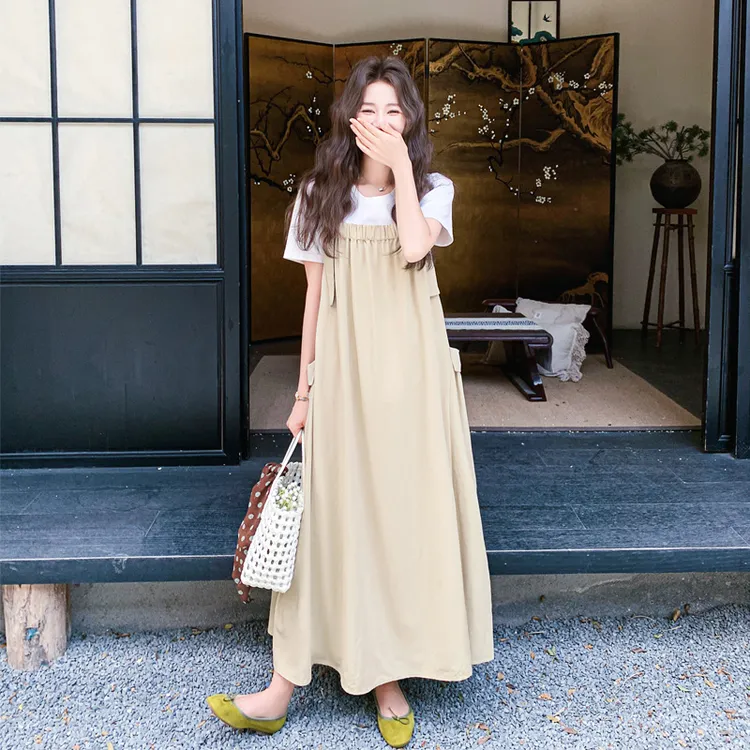 松弛感减龄背带裙套装女2025夏季新款韩系ins风T恤连体裙两件套潮