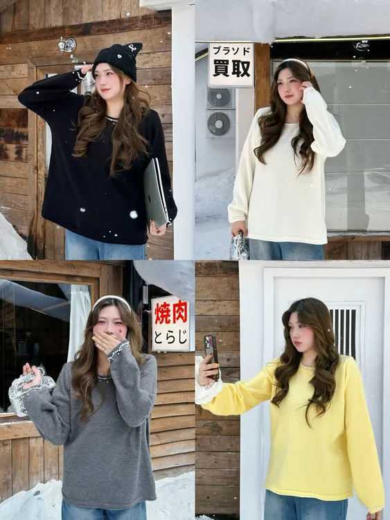 大码胖mm设计感领口重工钉珠毛衫新款洋气百搭软糯宽松上衣女8071