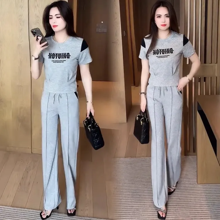 休闲运动套装女2025夏装新款巨好看的洋气减龄短袖阔腿裤两件套