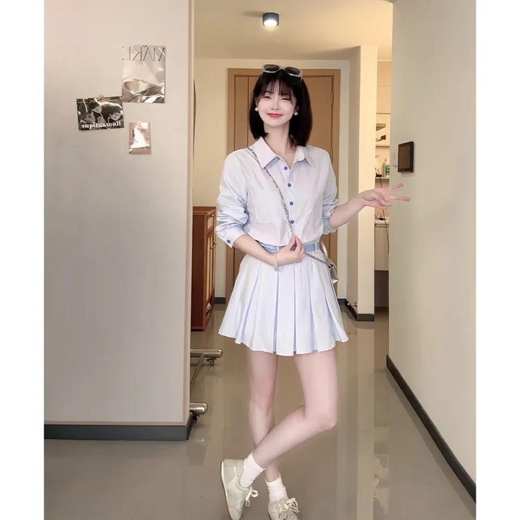 韩系学院风polo领长袖衬衫连衣裙甜美蓝色条纹收腰百褶短裙1202