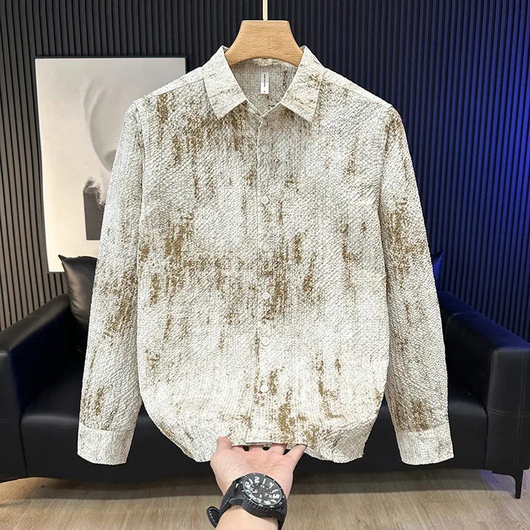 春秋季潮流印花长袖衬衫男宽松休闲帅气百搭翻领日系男装衬衣外套