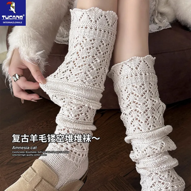 韦雪同款白色小腿袜子女春秋款法式堆堆袜女羊毛袜配靴子长筒袜女