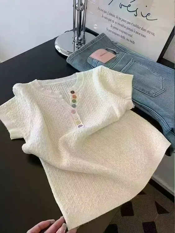 2025夏季新款时尚设计感毛针织衫女短袖百搭修身显瘦减龄洋气上衣