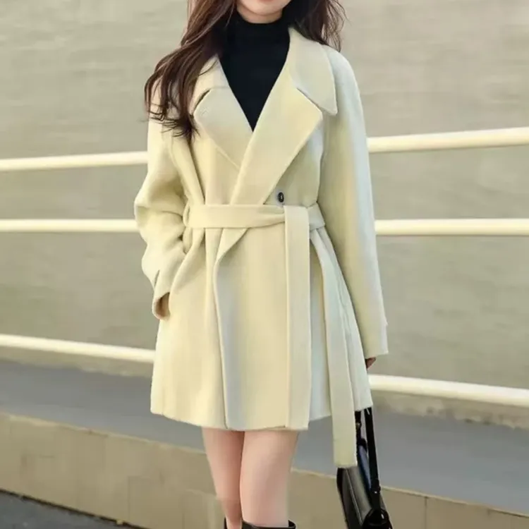 2025秋冬新款立领系带双面羊毛大衣女小个子翻领设计感通勤风外套