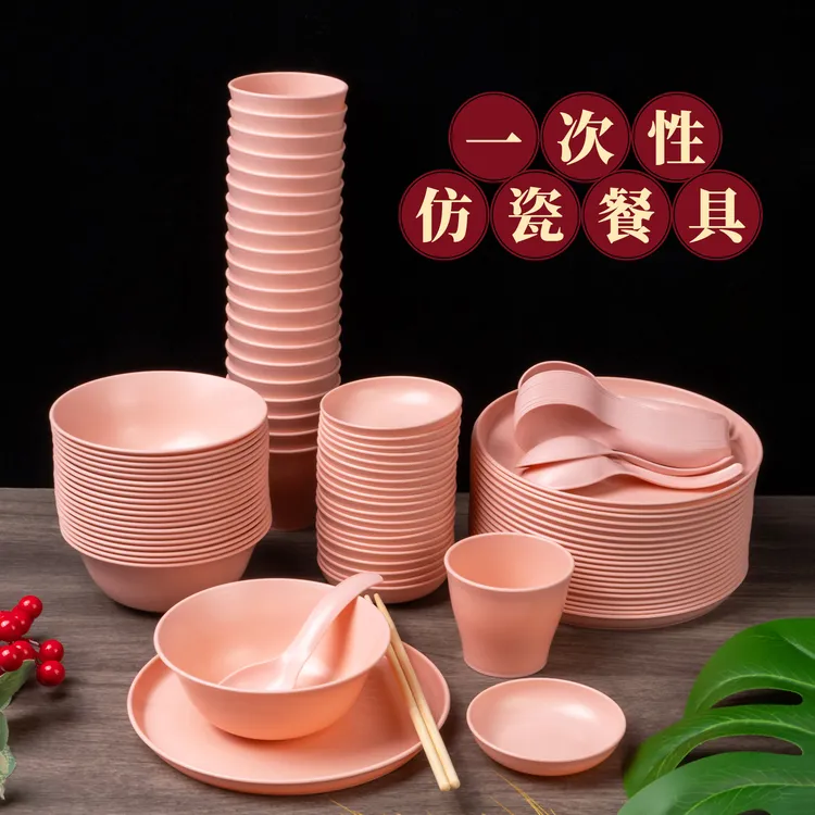 宝莎蒂一次性餐具套装五件套饭店酒席家用乔迁喜事加厚耐高温碗筷