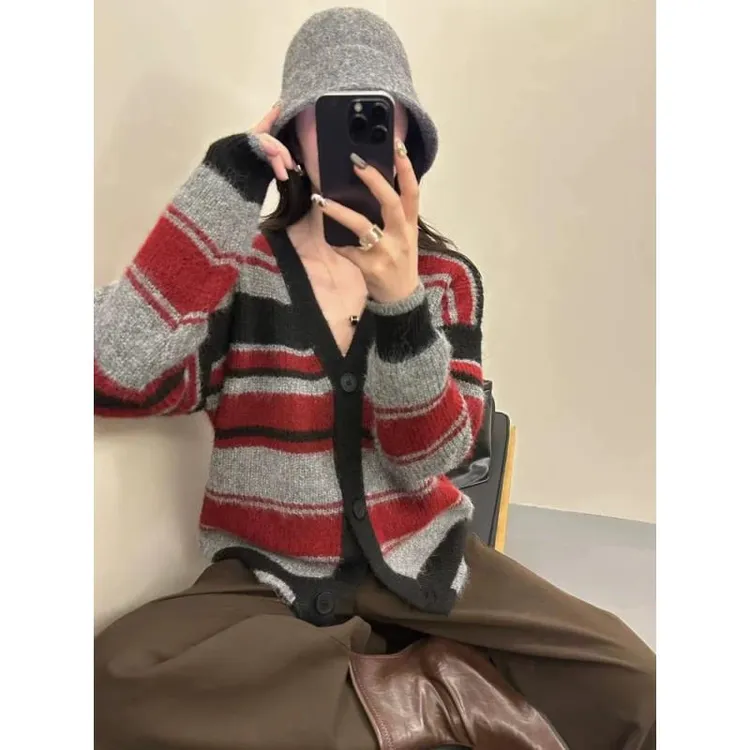 Q秋季女士慵懒风条纹针织毛衣开衫外套女2025新款超好看上衣