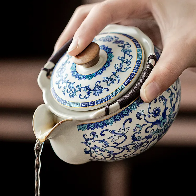 青花汝窑手抓壶盖碗泡茶壶茶具陶瓷防烫手大号单壶一人饮功夫茶壶