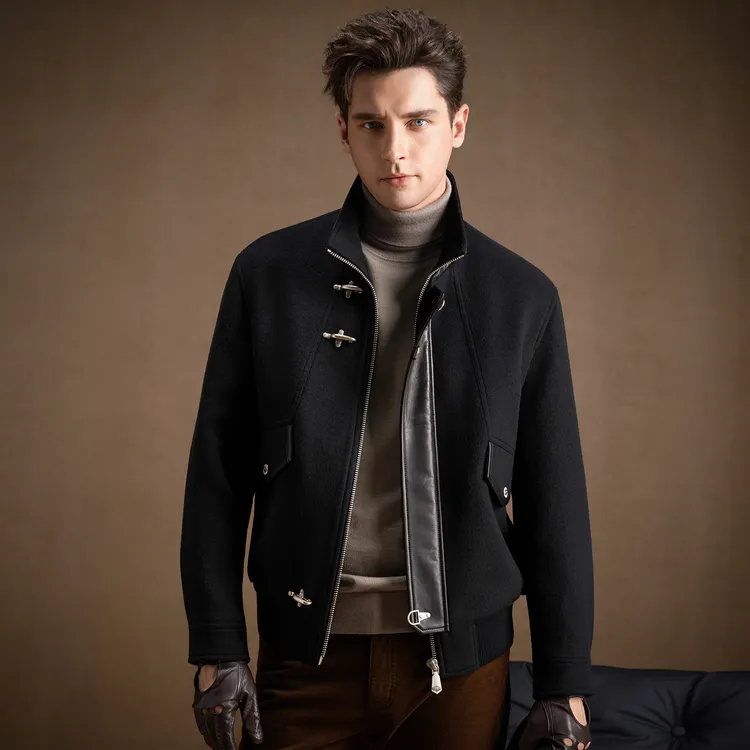 言吉秋冬新款时尚外套休闲潮流高端轻奢羊毛拼皮立领夹克YJ57268