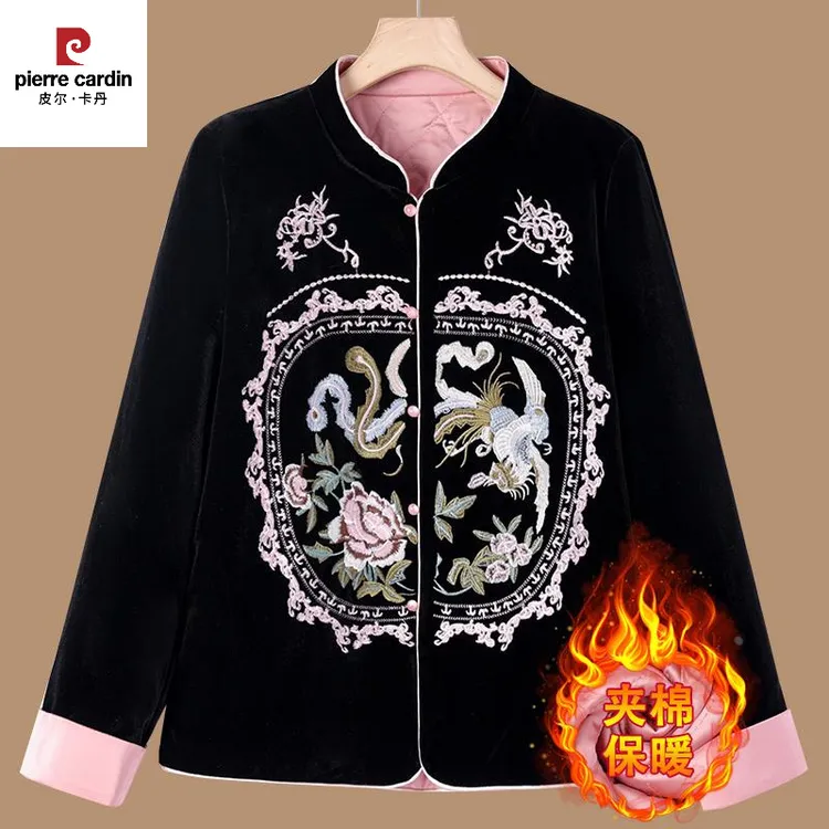 皮尔卡丹丝绒棉衣棉服女秋冬2024新款中式国潮风复古盘扣刺绣夹棉