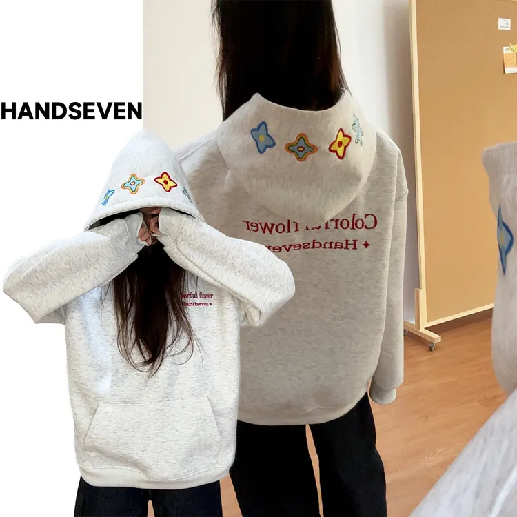 HandSeven美式国潮民族风花朵刺绣重磅卫衣秋冬字母连帽卫衣保暖
