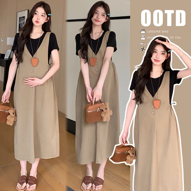 2025年孕妇套装新款设计感减龄显瘦背带裙圆领T恤两件套孕妇装