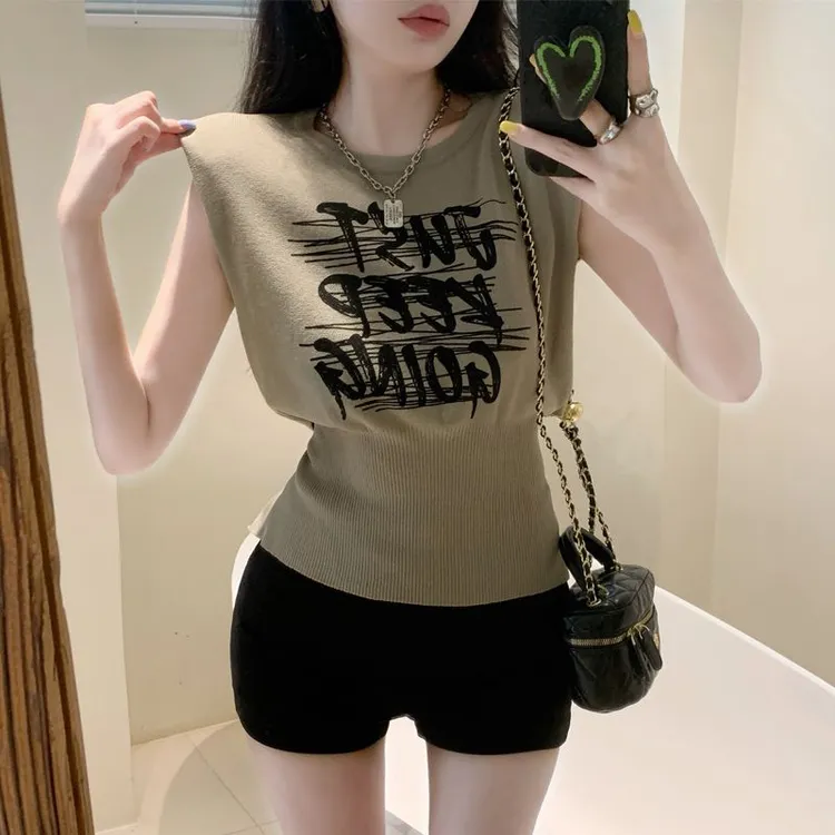 设计感小众圆领无袖弹力针织衫女夏后背镂空印花修身上衣
