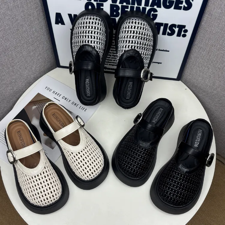 【喵上】包头半拖鞋女外穿2025夏季新款软底百搭镂空透气一脚蹬凉拖