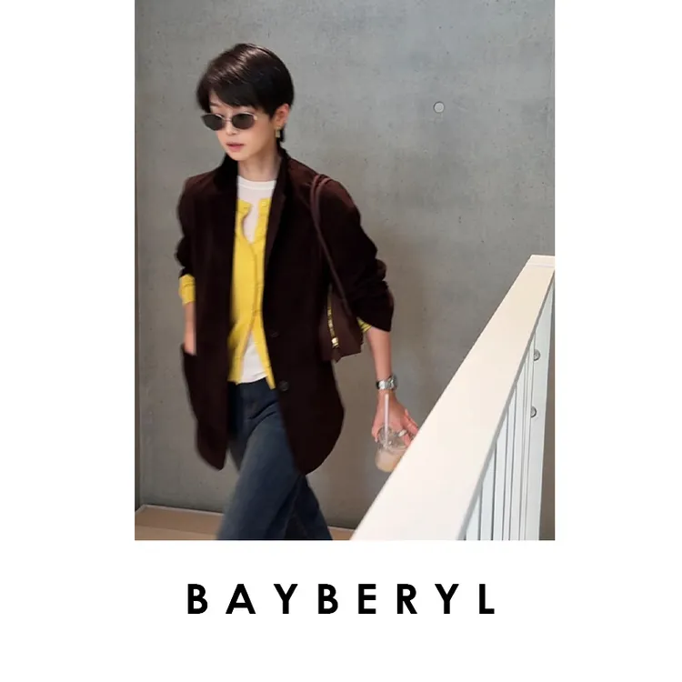 BAYBERYL老贝雾都*西装领反皮时尚美拉德棕25秋皮衣PY5G3106-8/13
