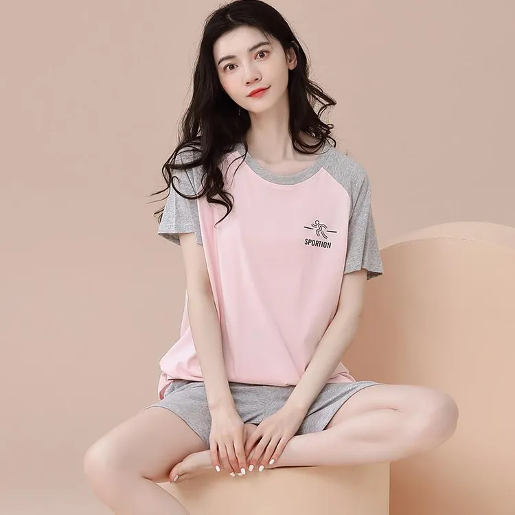 FAVMARTHA.新款睡衣女夏季纯棉薄款短袖短裤可外穿全棉休闲