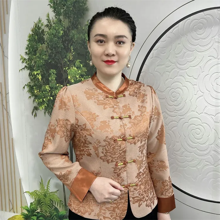 优雅气质短款上衣春季新款复古盘扣中年妈妈提花丝缎开衫长袖外套