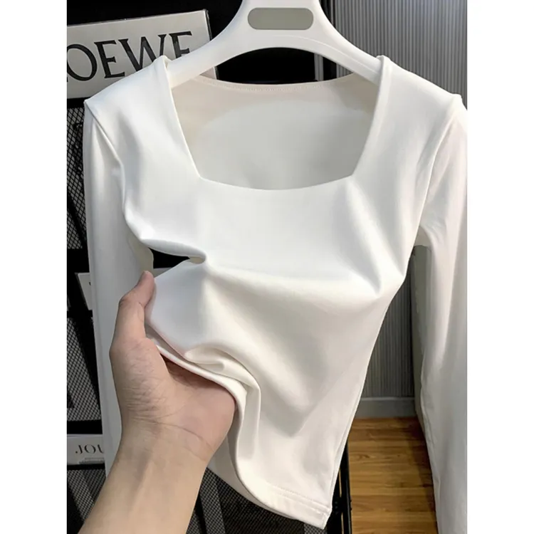纯棉方领打底衫内搭2025年春秋季新款百搭显瘦长袖t恤女上衣百搭